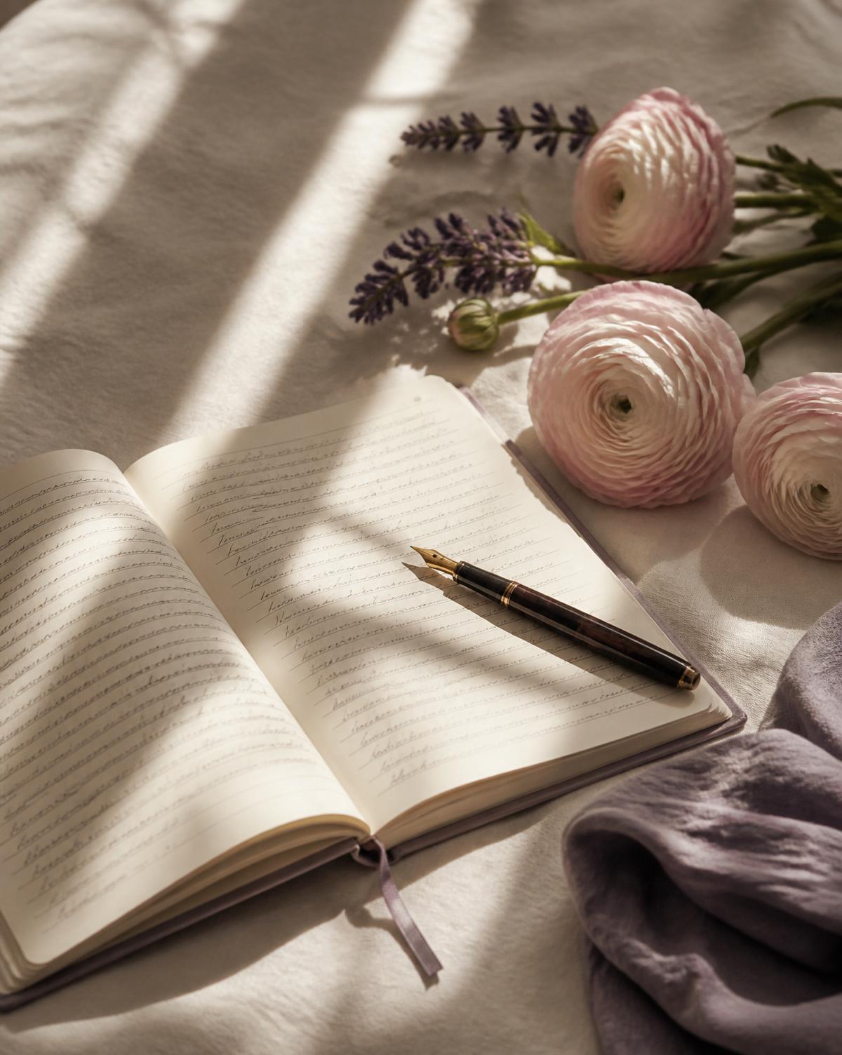 An open journal and fountain pen in soft morning light